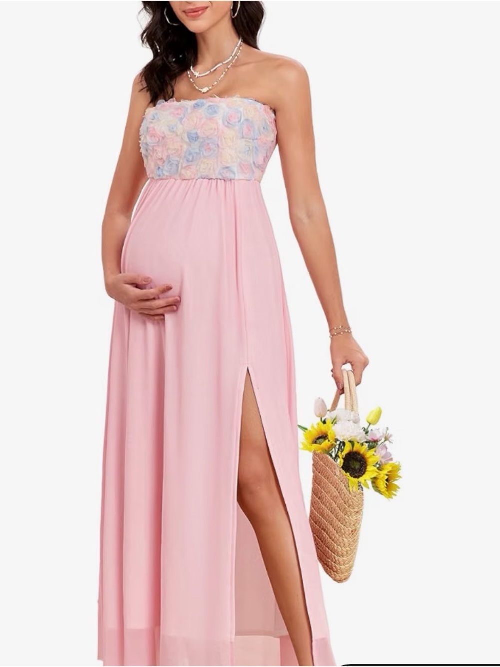 Strapless Pink Maternity Maxi Dress with Floral Bodice